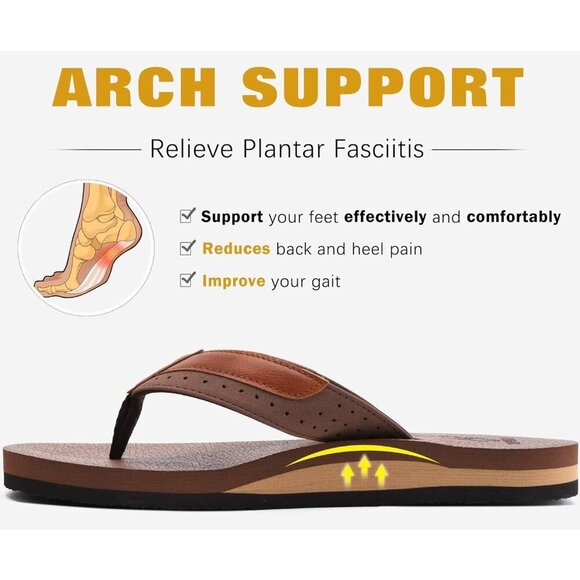 〽️Men\'s Flip Flop Sandal Brown White Leather Slip On Arch Support Comfort Shoes main image 9